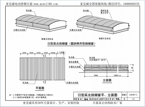 23CJ87-1采光、通風、消防排煙天窗（一）中III型側(cè)開式圓拱型電動采光排煙天窗